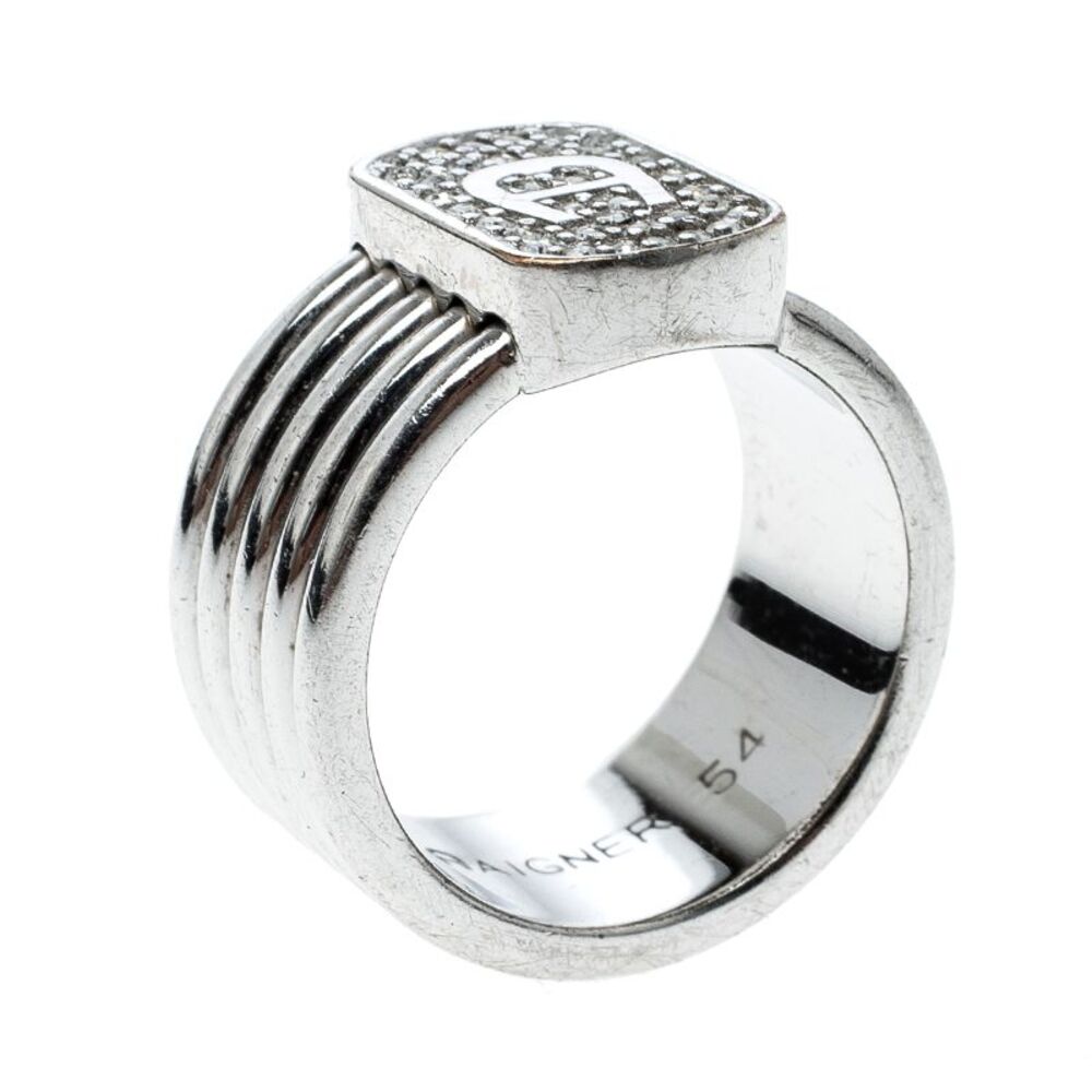 Aigner Crystal Silver Tone Band Ring Size 54
